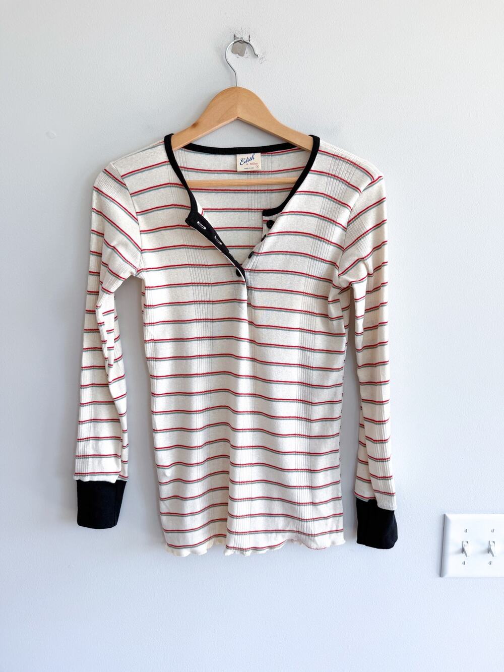 Edith A. Miller Striped Pattern Henley Long Sleeve Casual Top White Red L